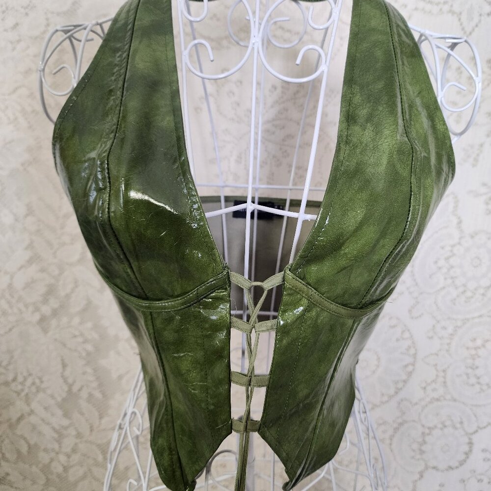 Olive Washed Faux Leather Lace Up Plunge Halterneck Top